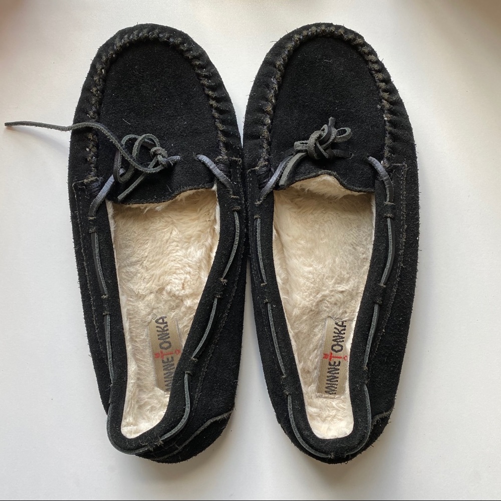 Black Suede Minnetonka Cally Moccasin Slippers